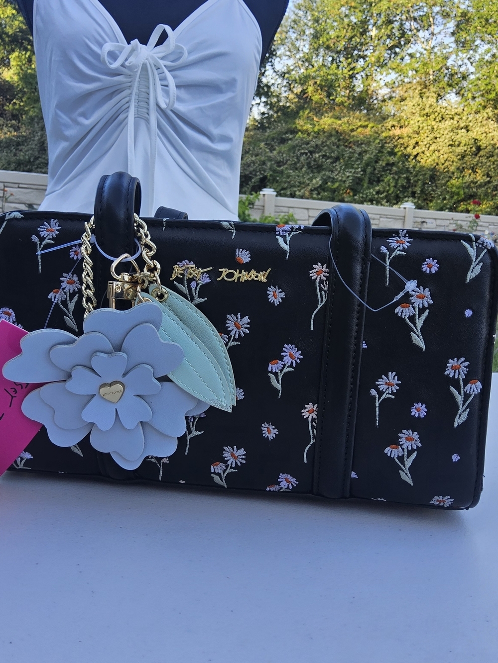 NWT-Betsey Johnson Black Floral Satchel with Light Blue Flower Charm - Picture 5 of 6